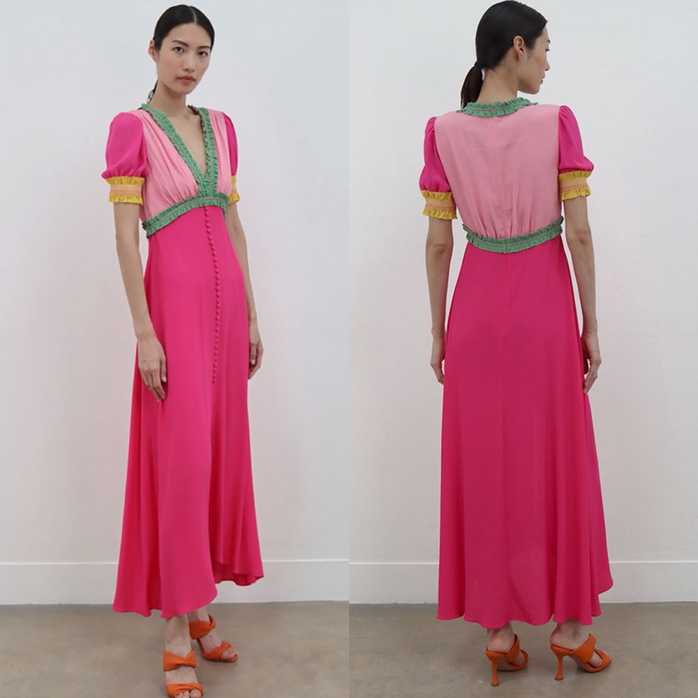 Saloni Lea Colorblock Crepe Maxi Dress Pink Green Size 4 US - Picture 3 of 13